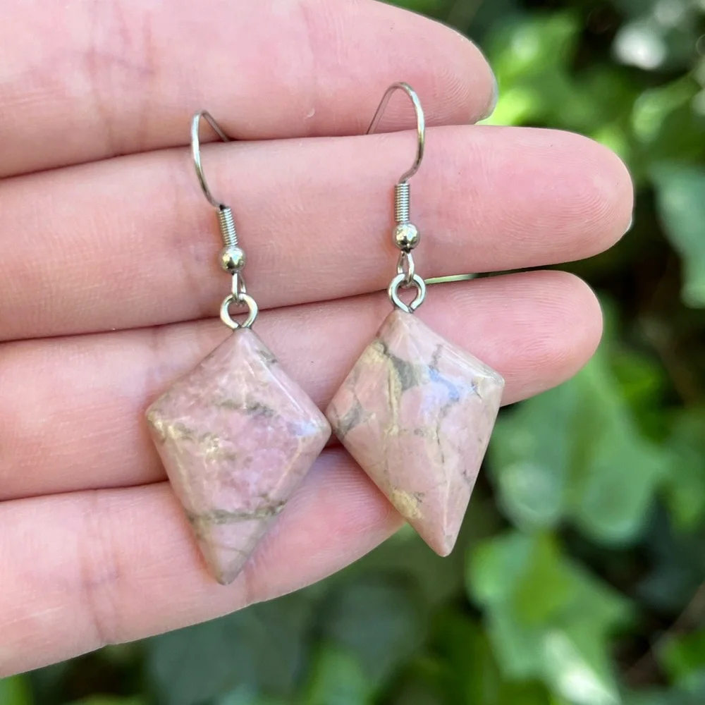 Stainless‎ steel pink rhodonite diamond shape drop earrings